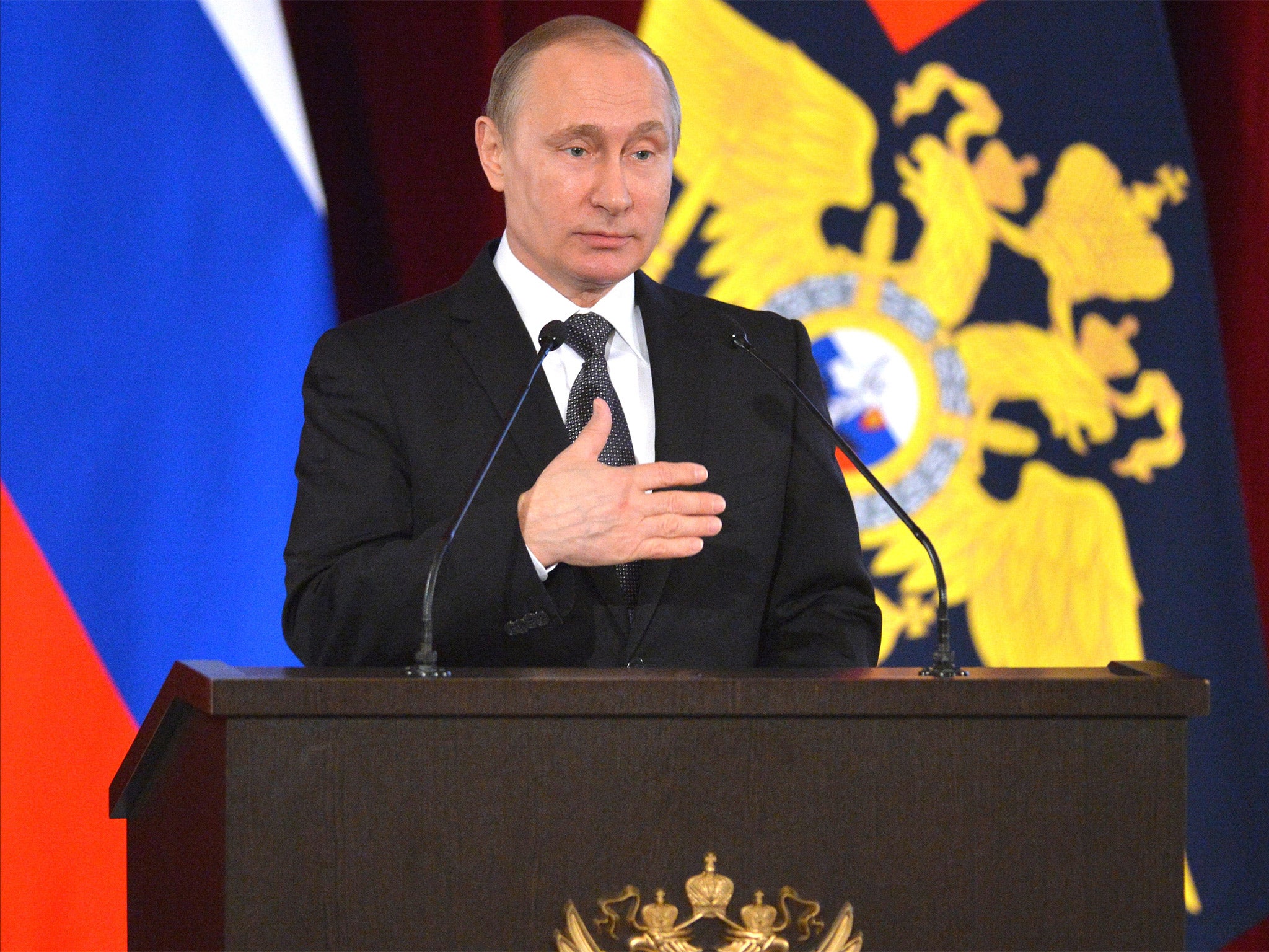 Russia President Vladimir Putin delivers an address in Moscow on Tuesday