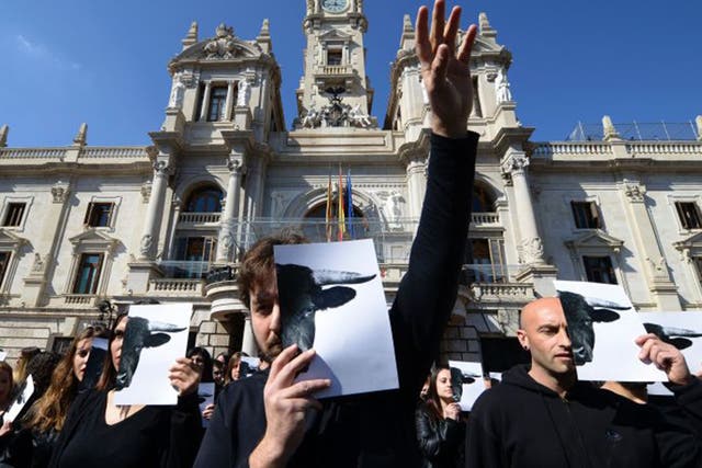 Activists take a stand against bullfighting in front of Valencia city hall