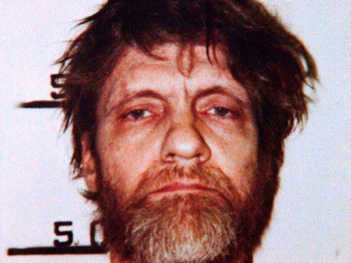 Ted Kaczynski in his booking mug shot from April 1996