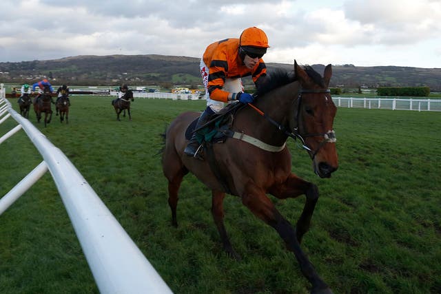 Tom Scudamore riding Thistlecrack clear the last to win The galliardhomes.com Cleeve Hurdle Race at Cheltenham in January