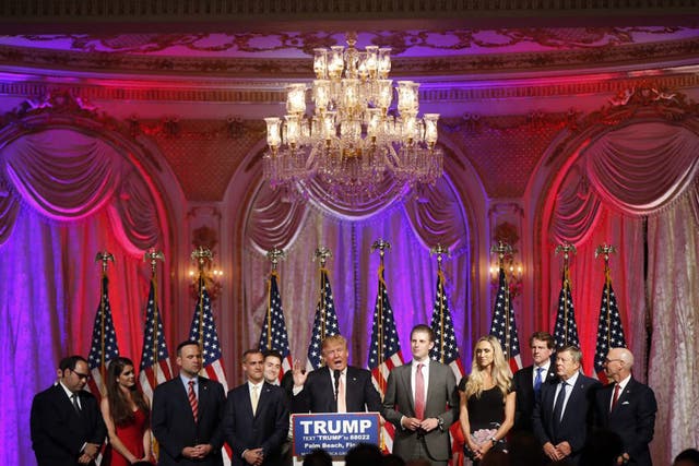 Republican presidential front-runner Donald Trump on bullish form as he addresses supporters at a primary election night event at his Mar-a-Lago Club in Palm Beach, Florida,