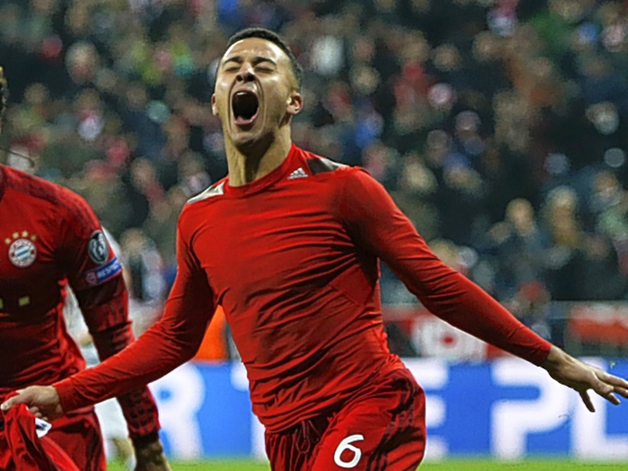 Thiago Alcantara celebrates scoring Bayern Munich’s third goal in extra time