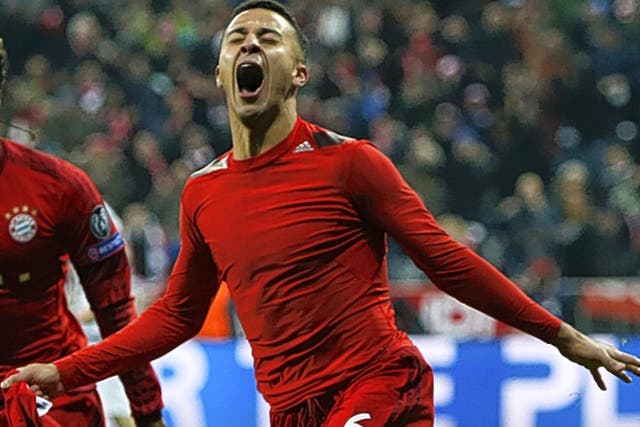 Thiago Alcantara celebrates scoring Bayern Munich’s third goal in extra time 
