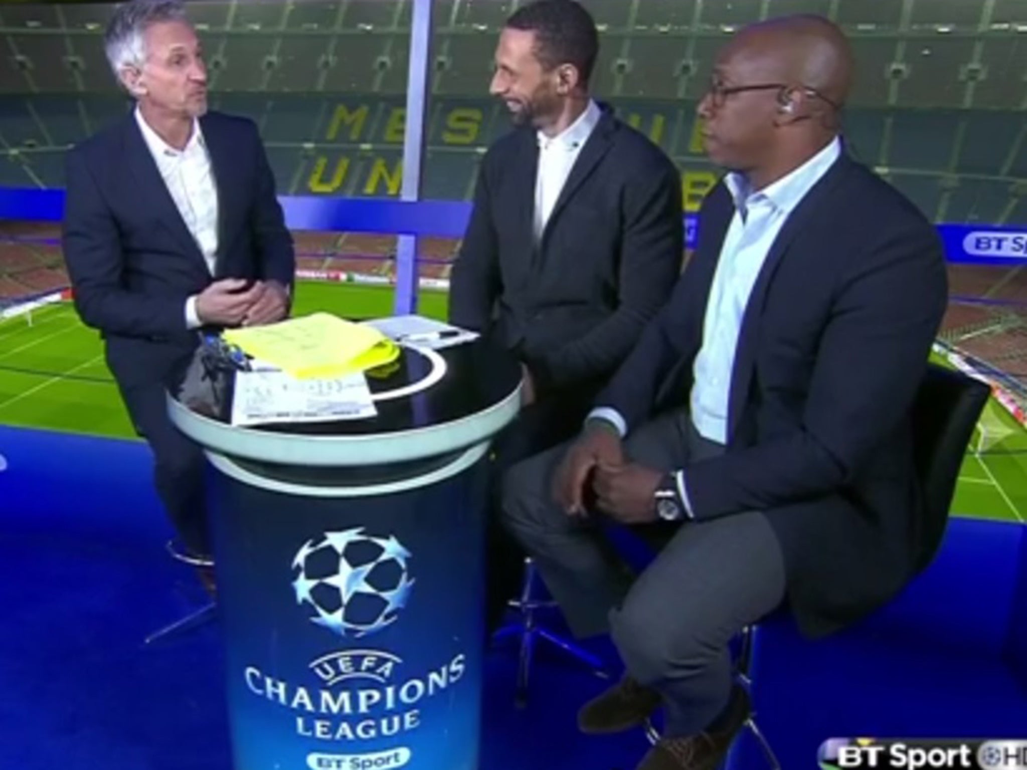 Ian Wright speaking on BT Sport with Gary Lineker and Rio Ferdinand