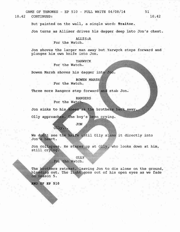 Script from Game of Thrones, via Entertainment Weekly