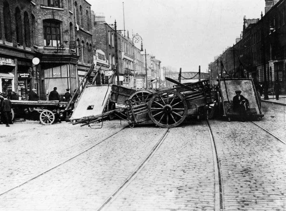 A barricade in Great Brunswick Street, Dublin, during the Easter Rising, 1916