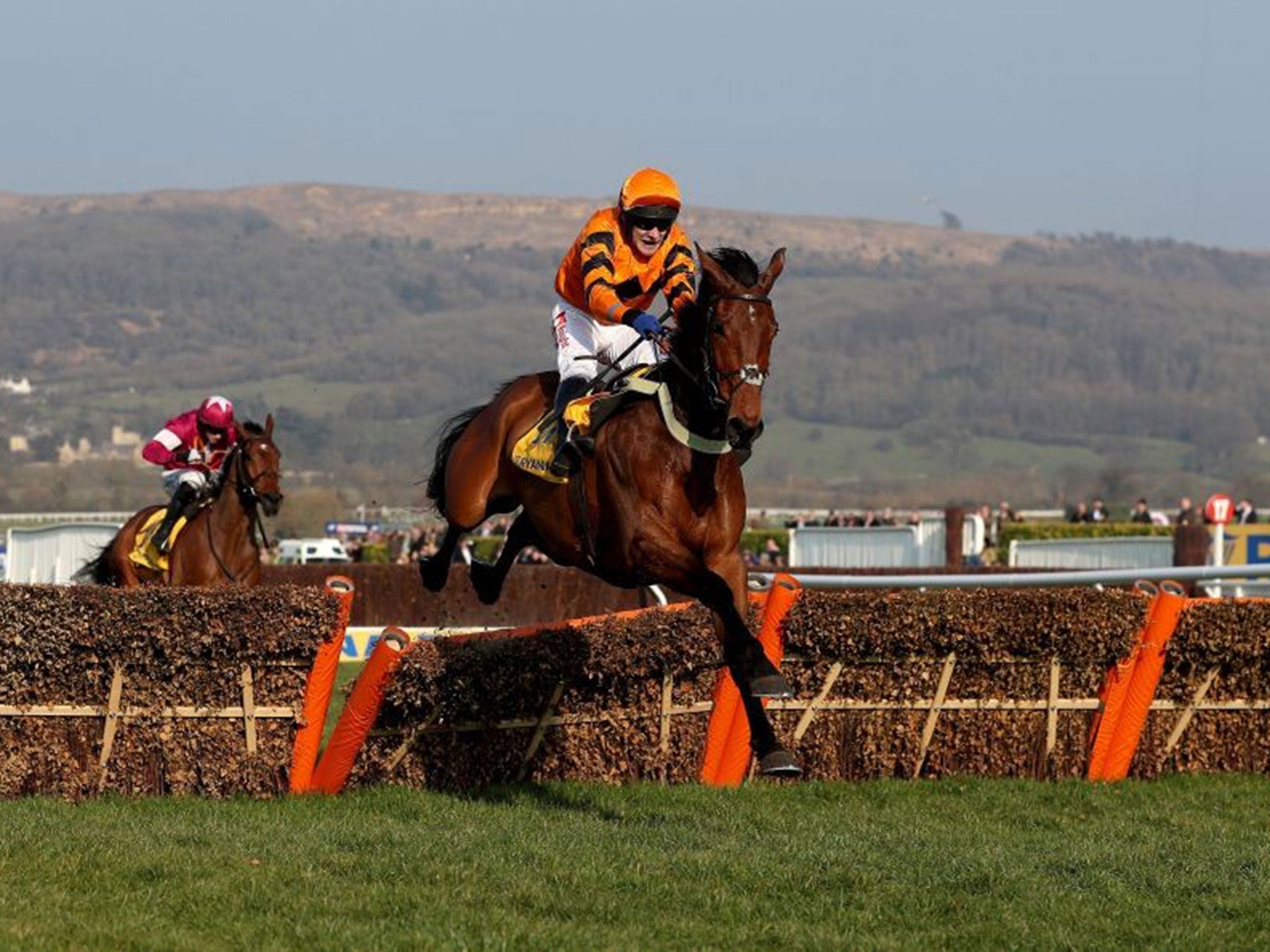 Thistlecrack leaps over the final hurdle on his way to victory in the World Hurdle