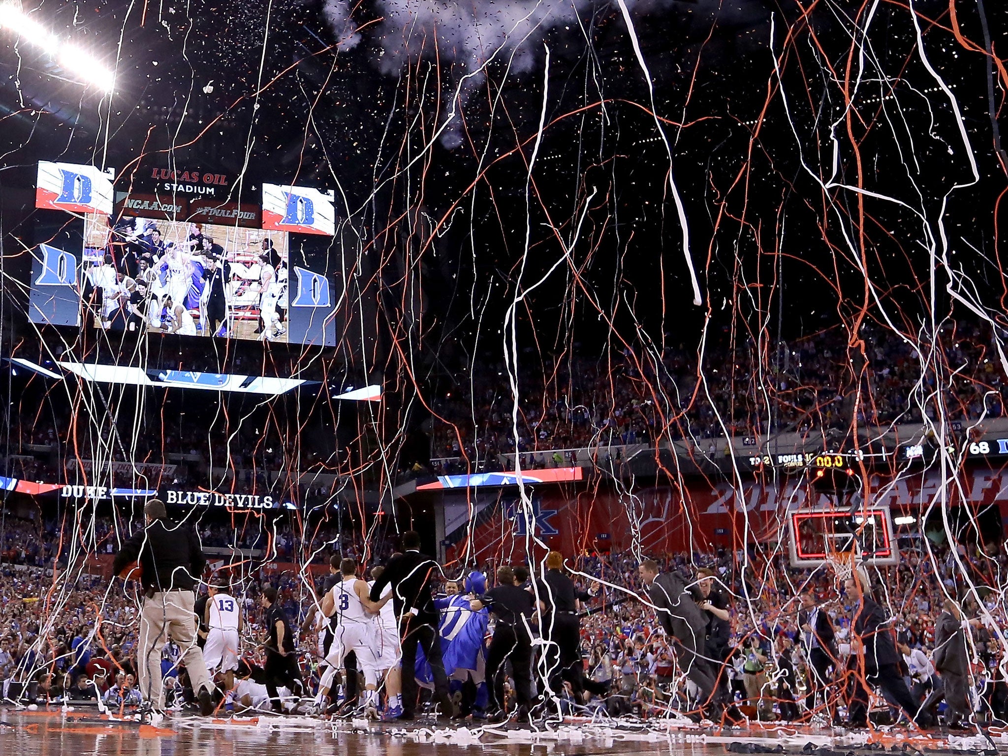 The Duke Blue Devils celebrate after defeating the Wisconsin Badgers during the NCAA Men's Final last year