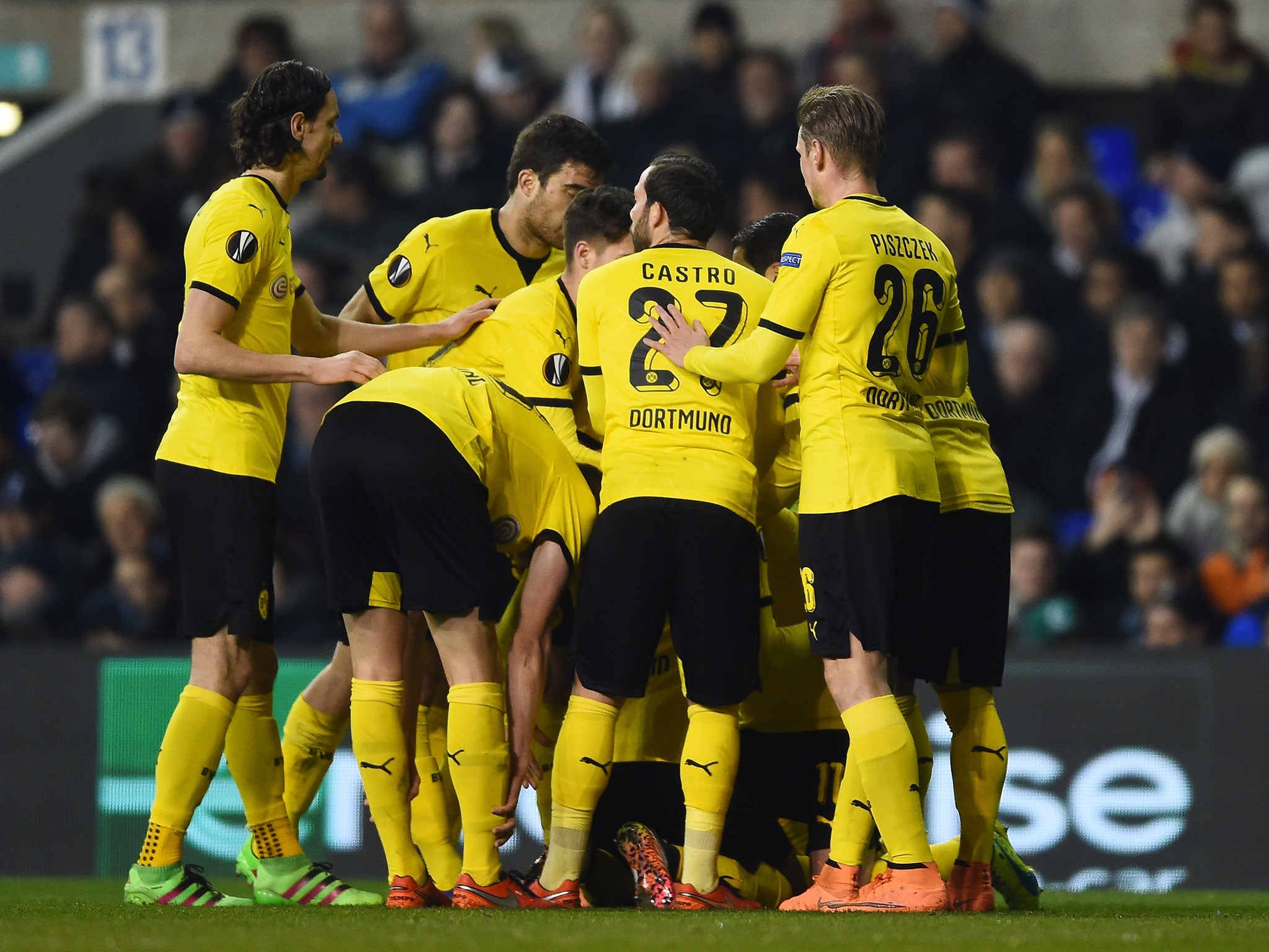 Pierre-Emerick Aubameyang is congratulated for scoring against Spurs
