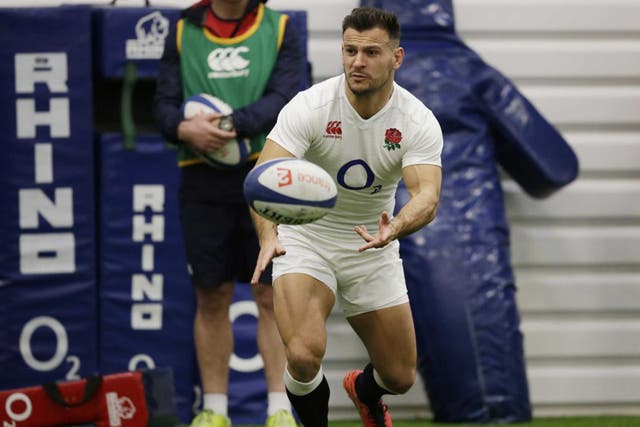 Danny Care passes the ball during England training at Bagshot