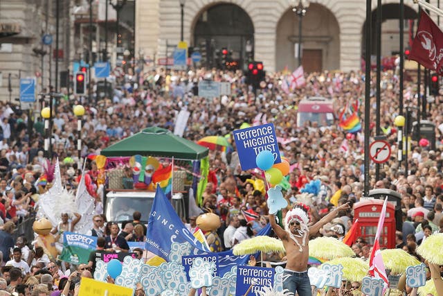 The Gay Pride parade passes down London's Regent Street in 2008