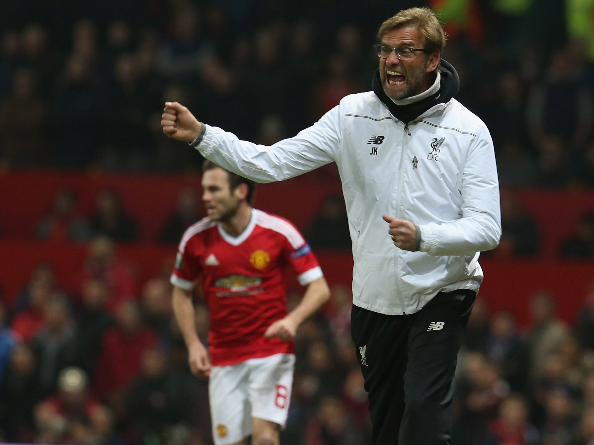 Jurgen Klopp reacts during Liverpool's 1-1 draw with Manchester United