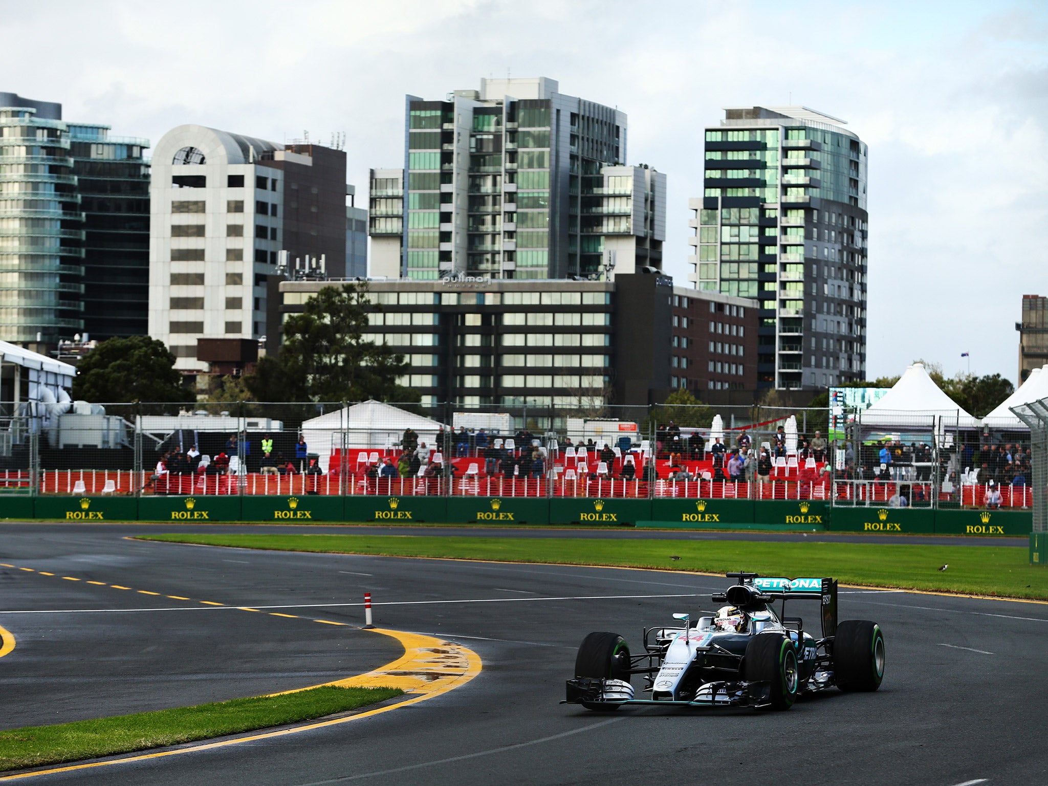 Lewis Hamilton rounds the final turn in Melbourne to set the fastest time in practice