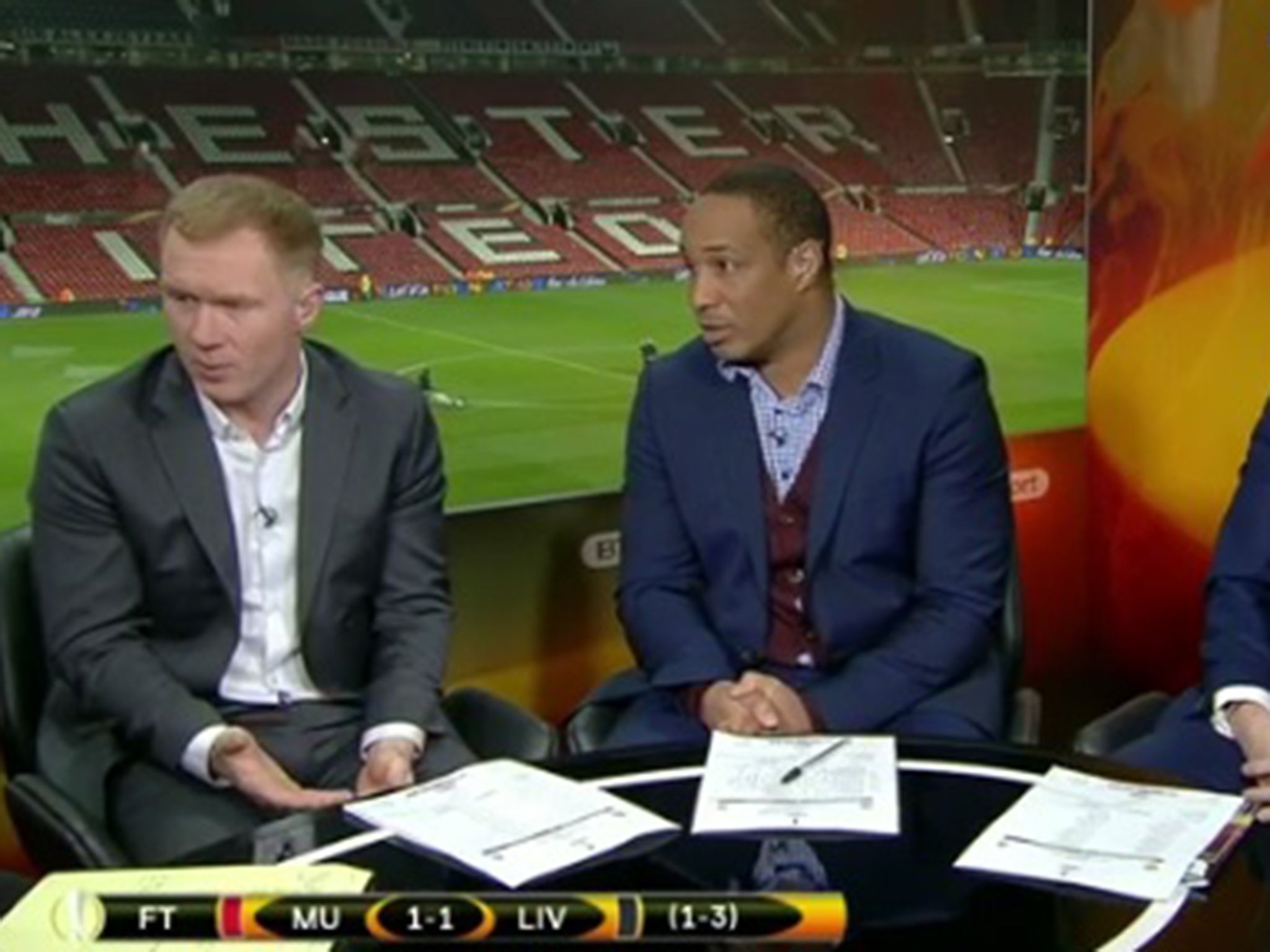 Paul Scholes with Paul Ince during BT Sport's broadcast of United vs Liverpool