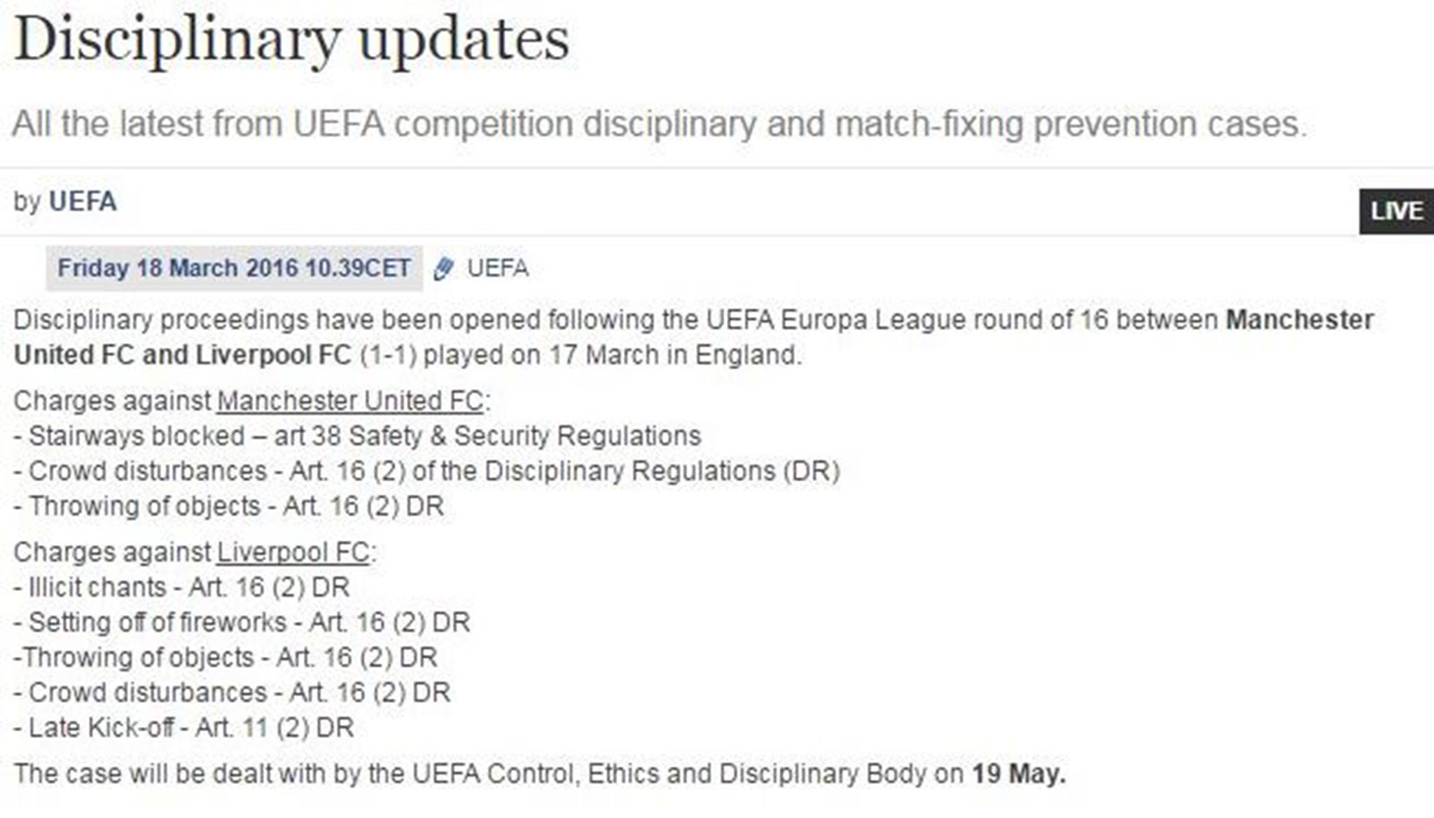 The list of charges against both clubs