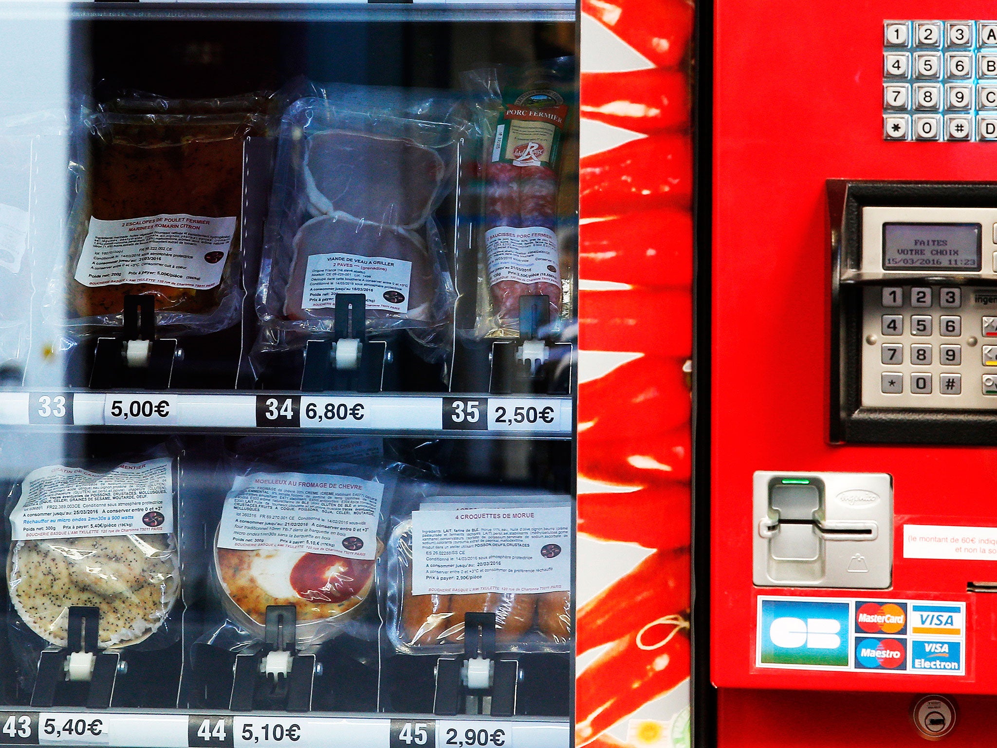 A close up of the first meat vending machine installed in the French capital, in Paris, Tuesday, March 15, 2016