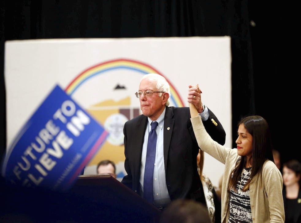 Katherine Bueno introduces Bernie Sanders on Thursday.