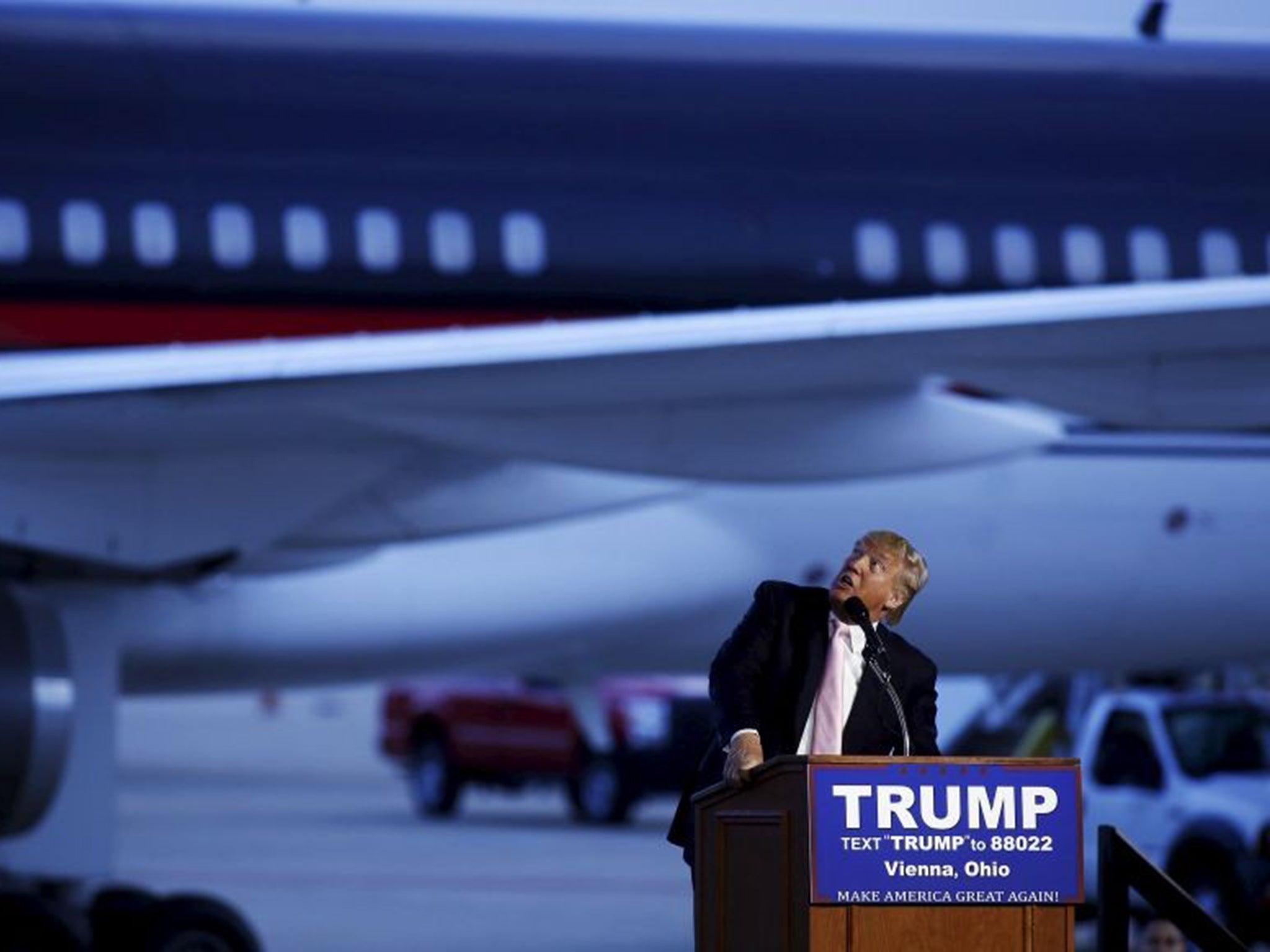 Republican presidential hopeful Donald Trump before he boarded his plane solo after a rally in Vienna Centre, Ohio