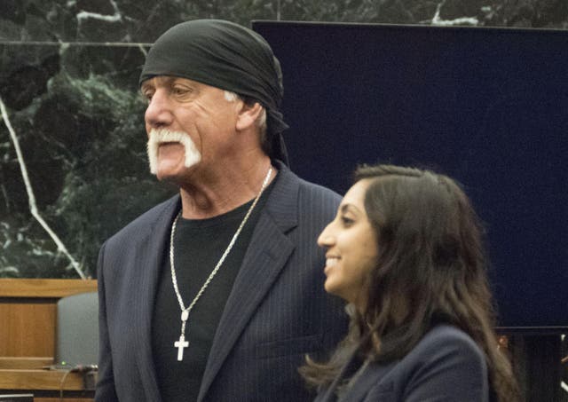Hulk Hogan, left, waits for a verdict with attorney Seema Ghatnekar.