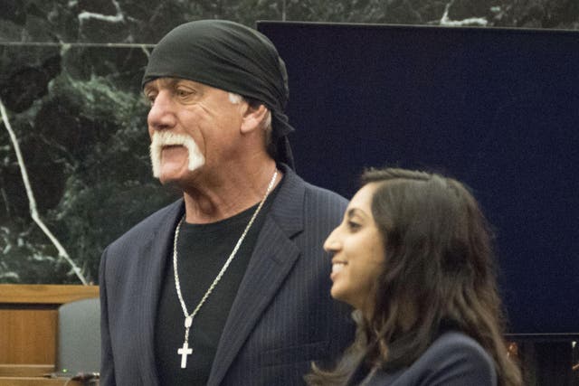 Hulk Hogan, left, waits for a verdict with attorney Seema Ghatnekar.