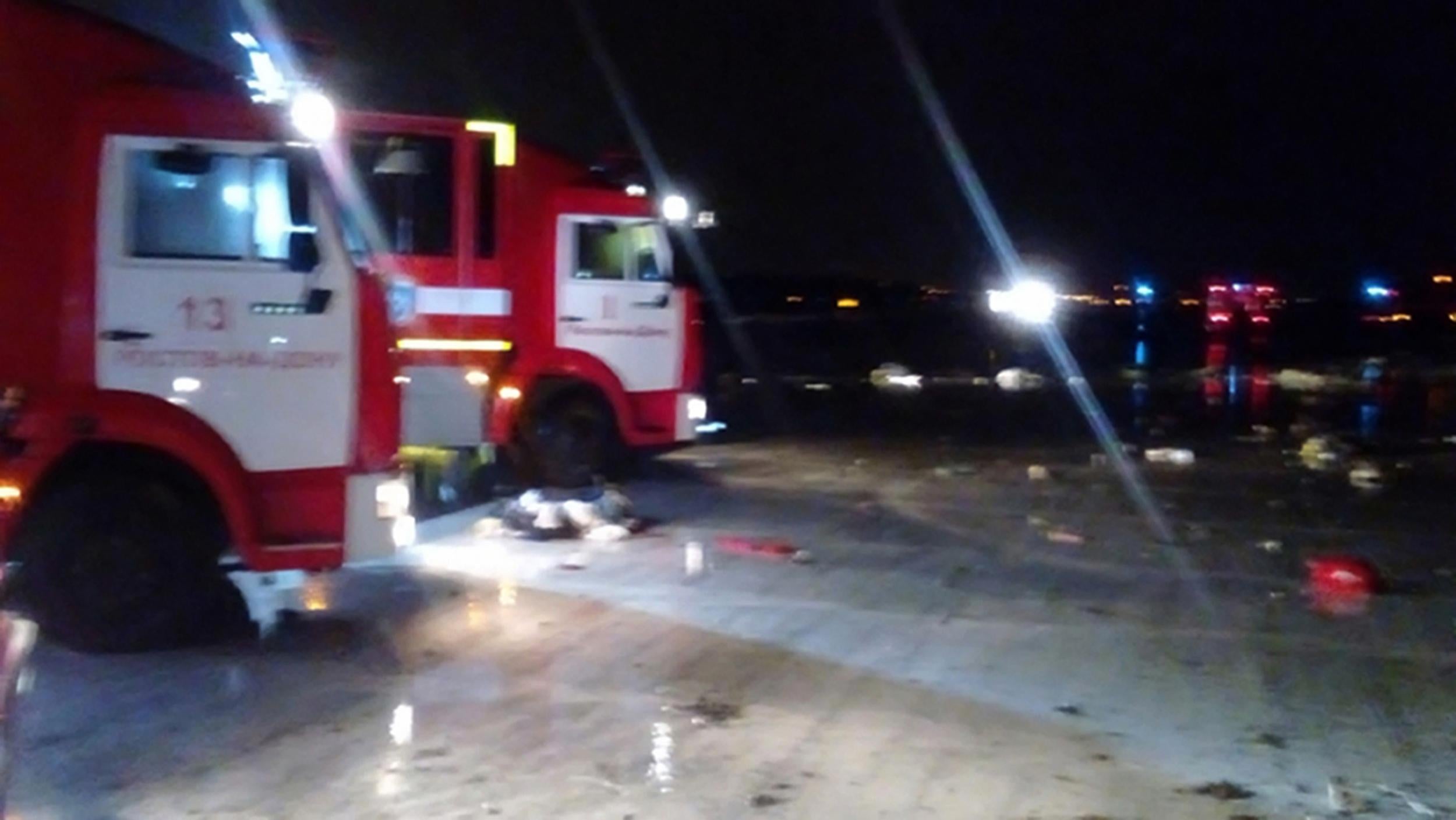 Russian emergency trucks are seen near the area of the plane crash at the Rostov-on-Don airport