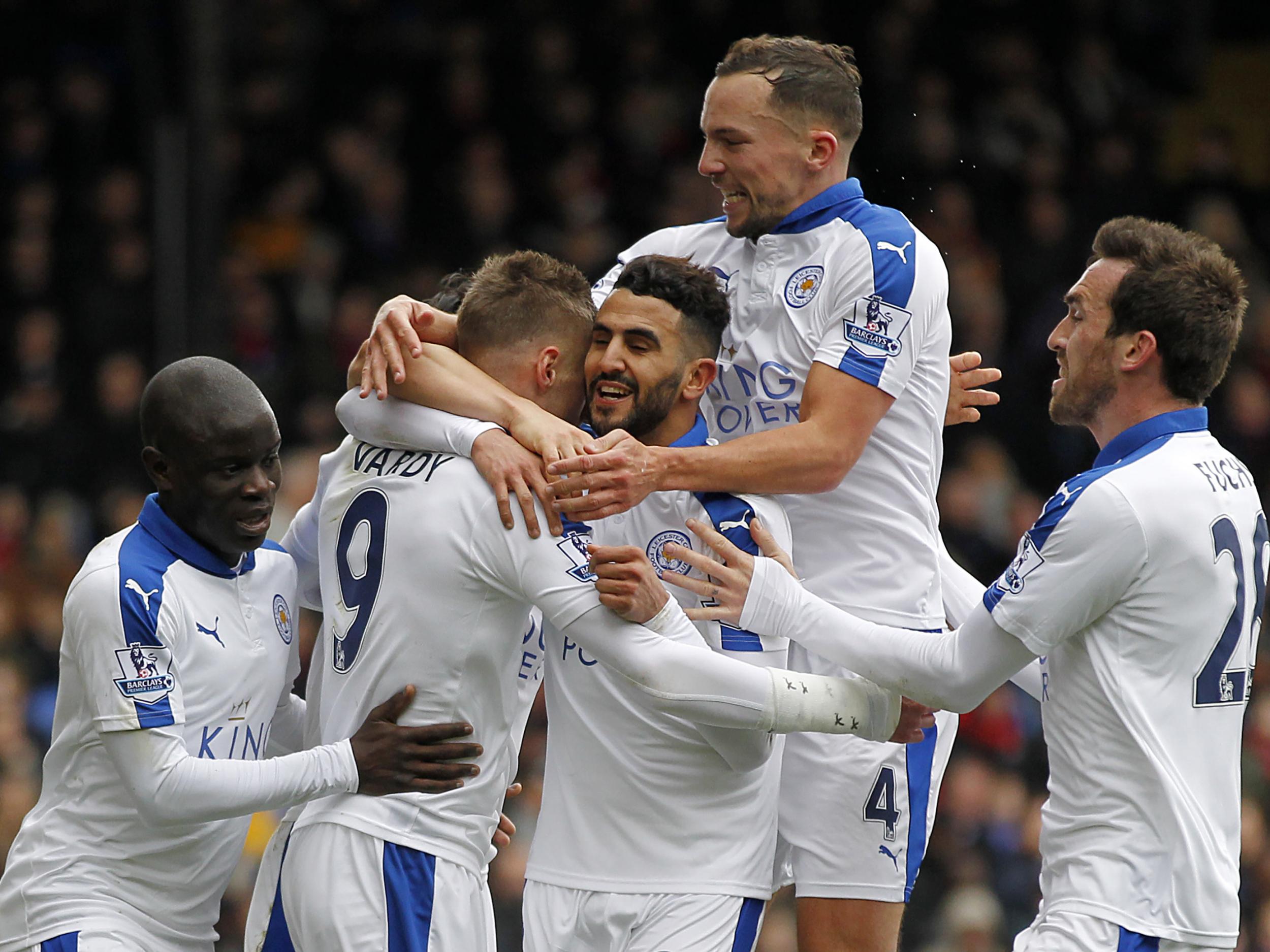 Riyad Mahrez is congratulated after scoring Leicester's winner at Crystal Palace