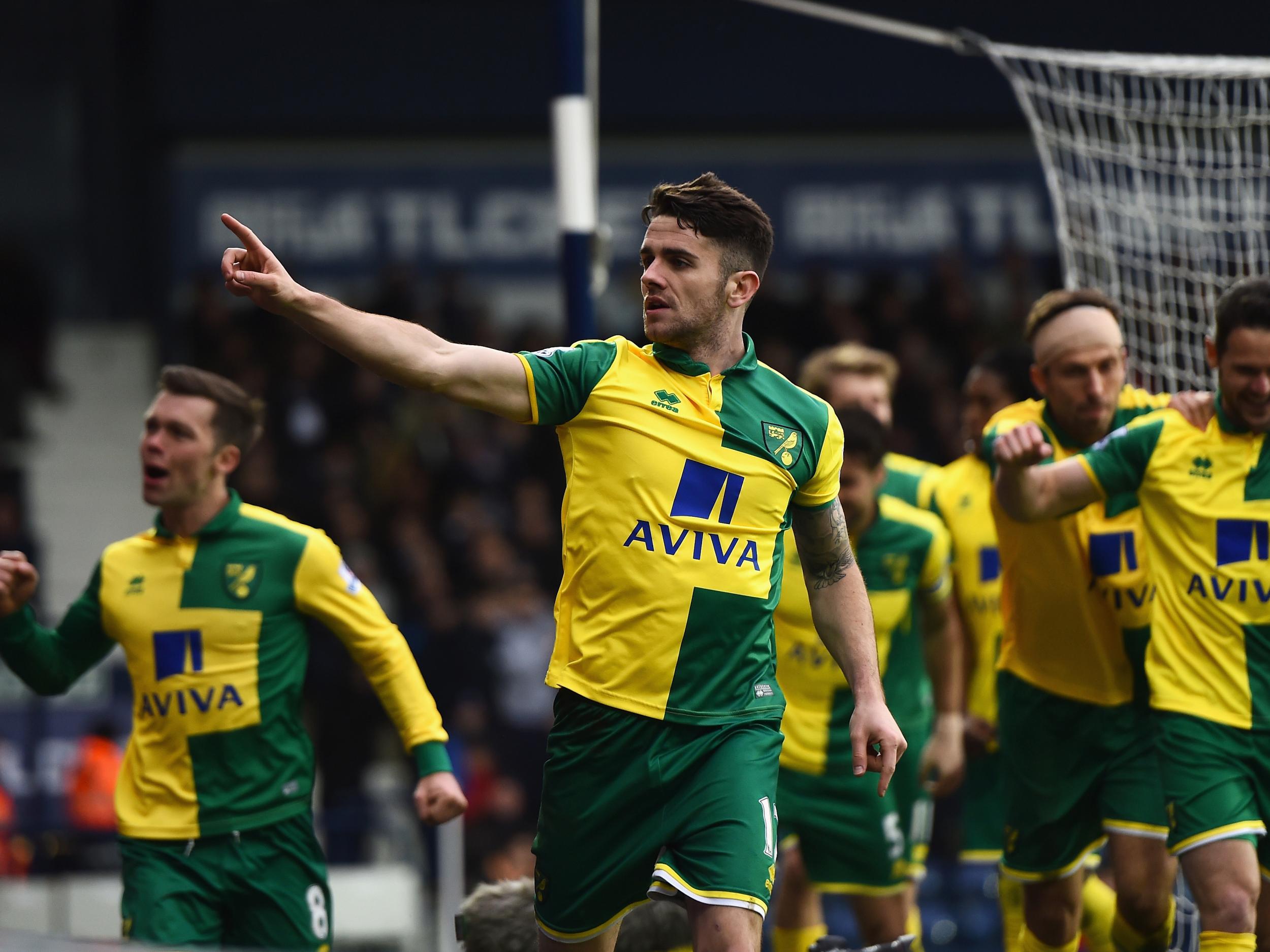 Robbie Brady celebrates Norwich's winner at West Bromwich Albion