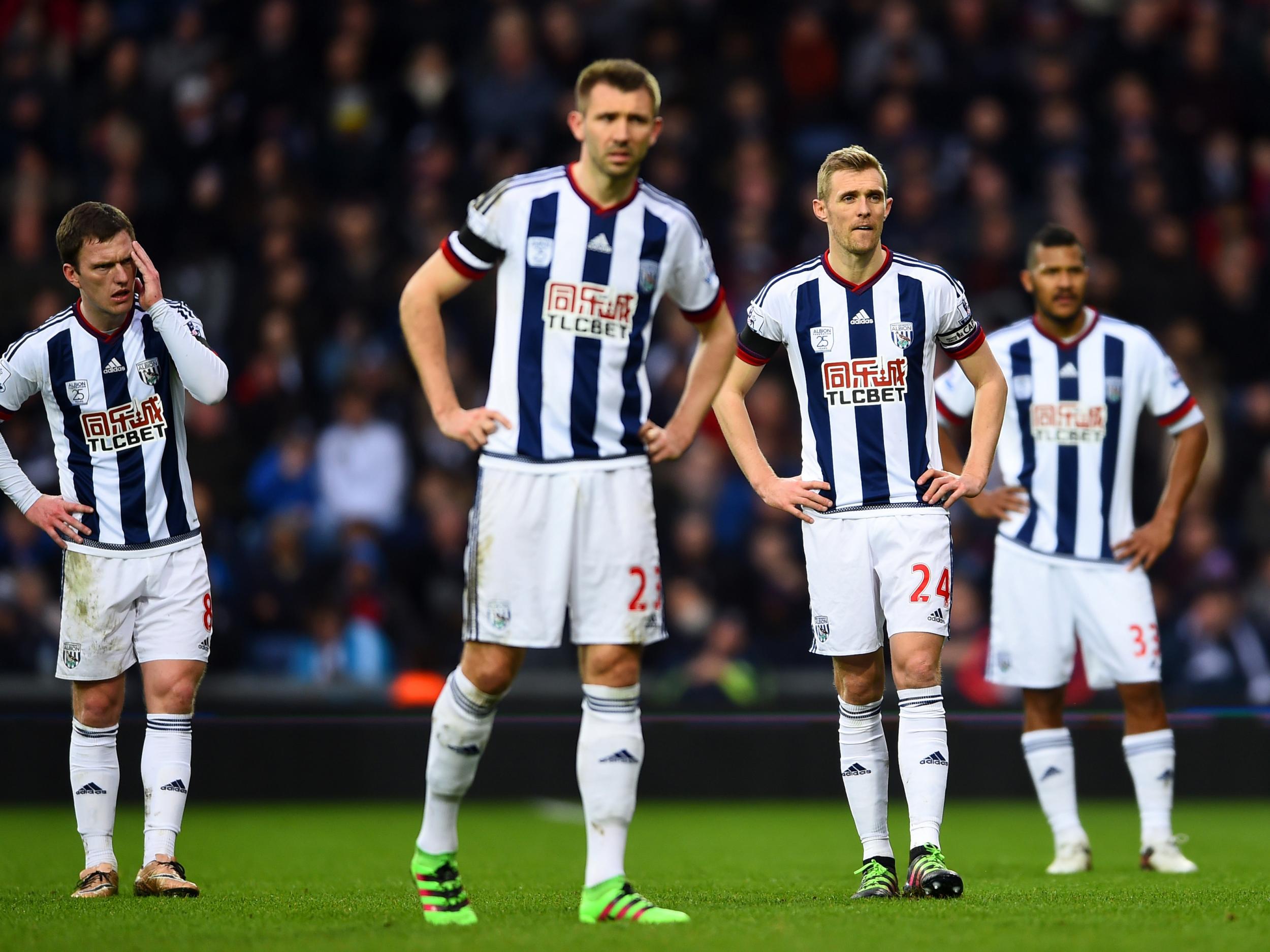 West Bromwich Albion players look dejected during the defeat to Norwich City