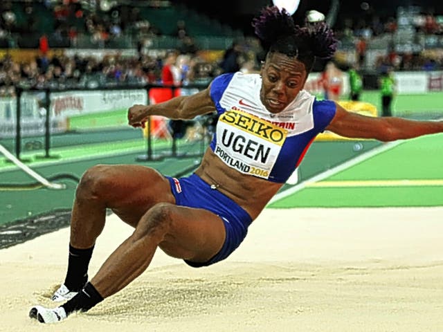 Lorraine Ugen leaps to a British-record 6.93m in the long jump