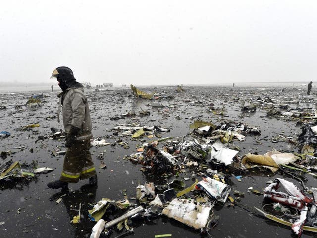 The wreckage of the crashed Flydubai aircraft, at the airport of Rostov-On-Don, Russia