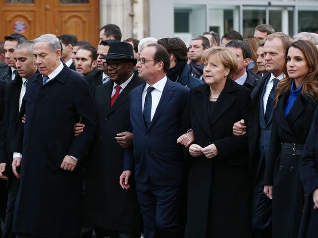 Israeli Prime Minister Benjamin Netanyahu, French President Francois Hollande, German Chancellor Angela Merkel and Queen Rania of Jordan attend a mass unity rally following the Paris terrorist attacks in November 2015