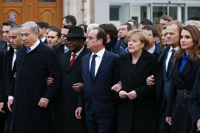 Israeli Prime Minister Benjamin Netanyahu, French President Francois Hollande, German Chancellor Angela Merkel and Queen Rania of Jordan attend a mass unity rally following the Paris terrorist attacks in November 2015