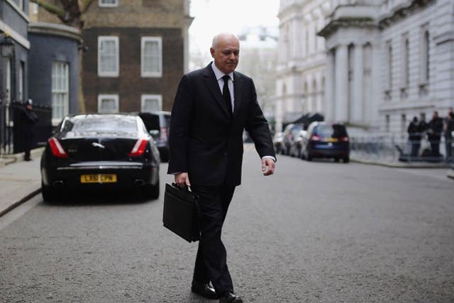 The now former Secretary of State for Work and Pensions Iain Duncan Smith leaves Downing Street after a Cabinet Meeting on March 16, 2016 in London, England