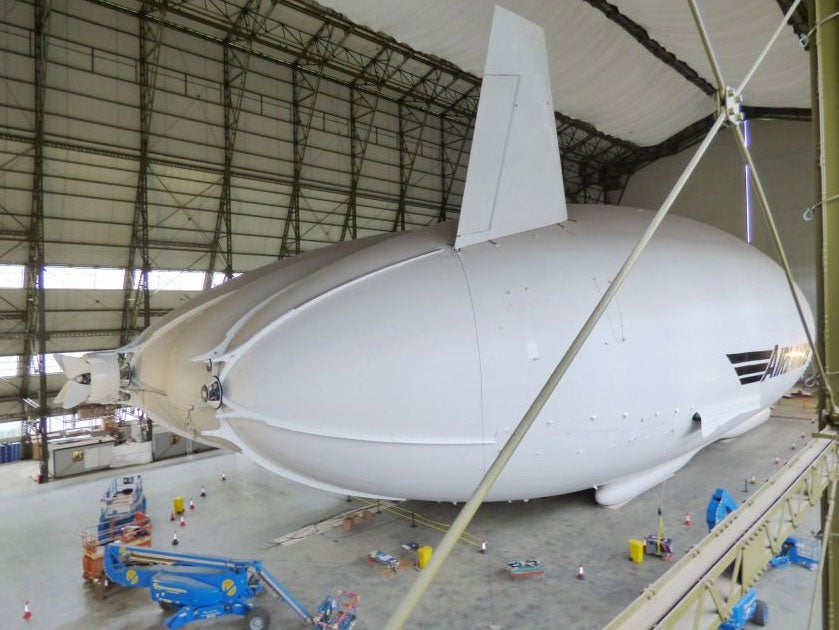 The Airlander 10 in a First World War aircraft hangar in Bedfordshire PA