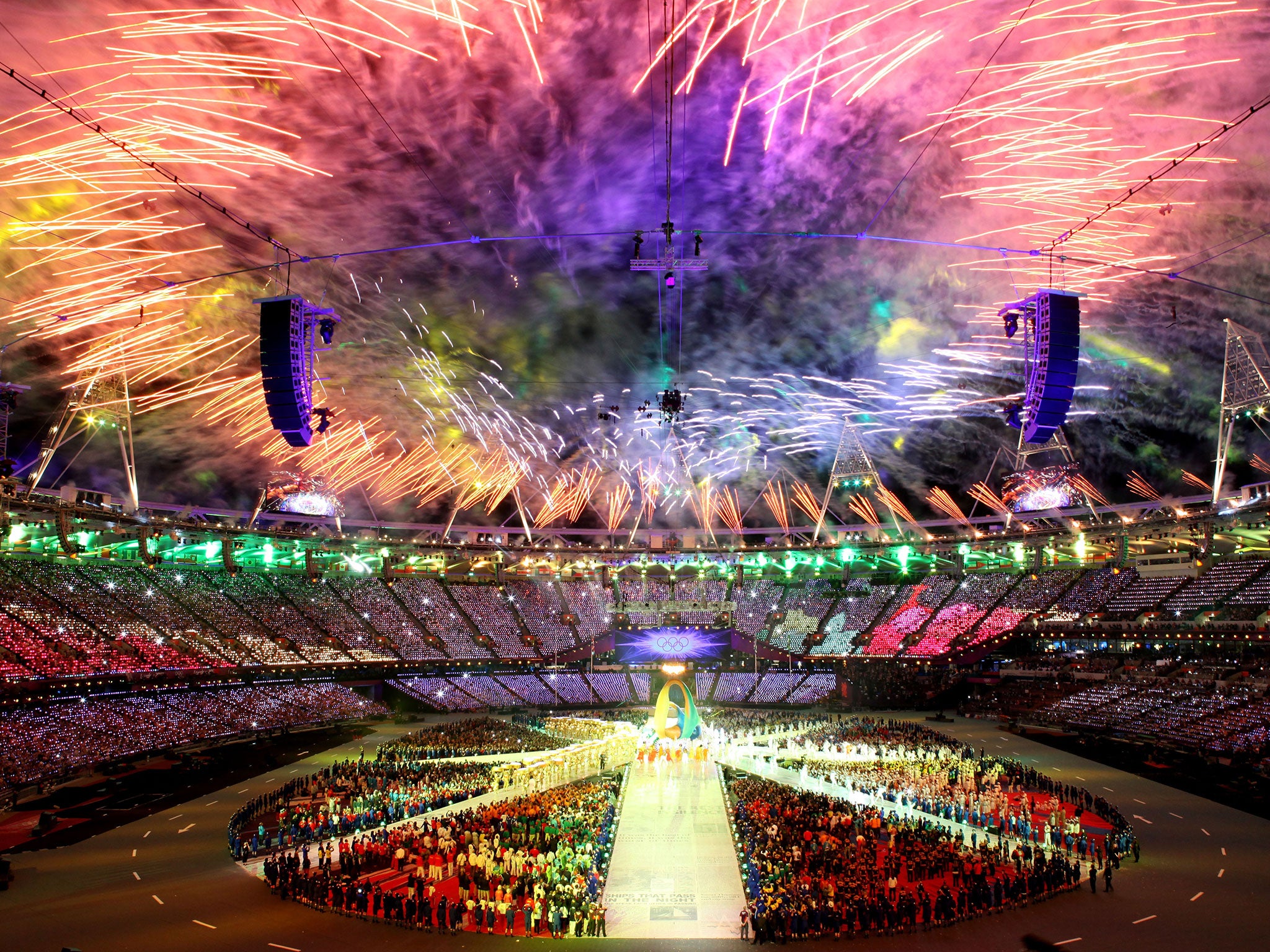 Fireworks explode over the stadium during the Closing Ceremony on Day 16 of the London 2012 Olympic Games at Olympic Stadium