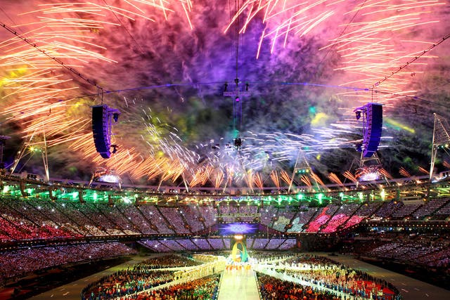 Fireworks explode over the stadium during the Closing Ceremony on Day 16 of the London 2012 Olympic Games at Olympic Stadium