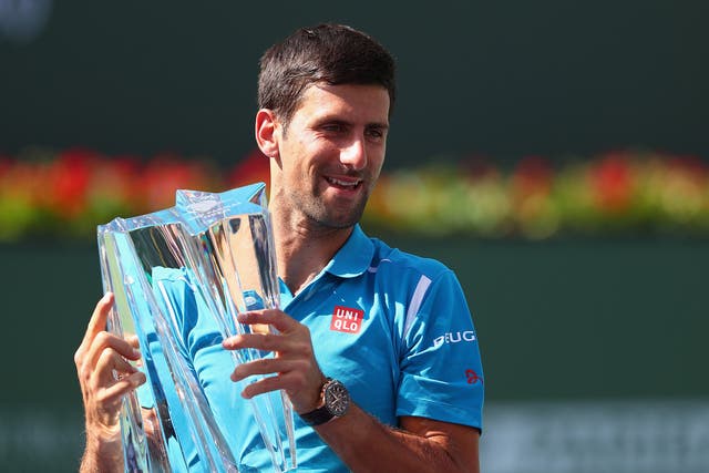 Novak Djokovic celebrates winning the BNP Paribas Open final