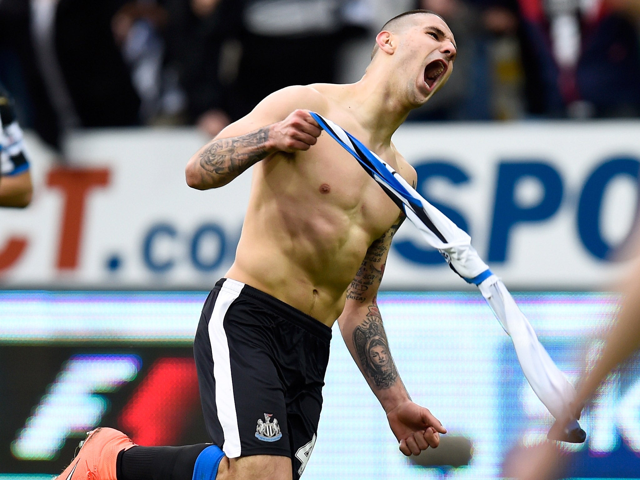 Newcastle striker Aleksandar Mitrovic celebrates scoring a late equaliser against Newcastle