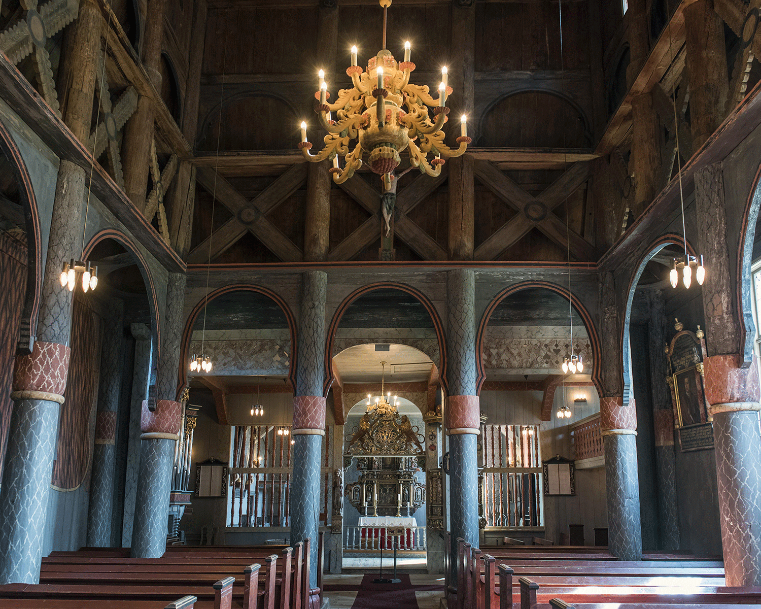 Interior of the stave church or Stavkyrkje, Norway 2015