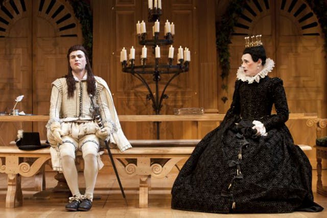 Mark Rylance, as Olivia, right, and Johnny Flynn, as Viola, at Shakespeare's Globe in 2012