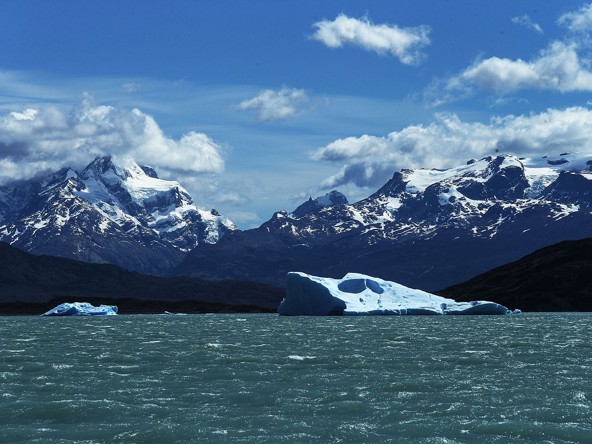 Ice floats in Lake Argentino, southern Patagonia. The majority of the large glaciers in the surrounding Los Glaciares National Park have been retreating over the past fifty years due to warming temperatures