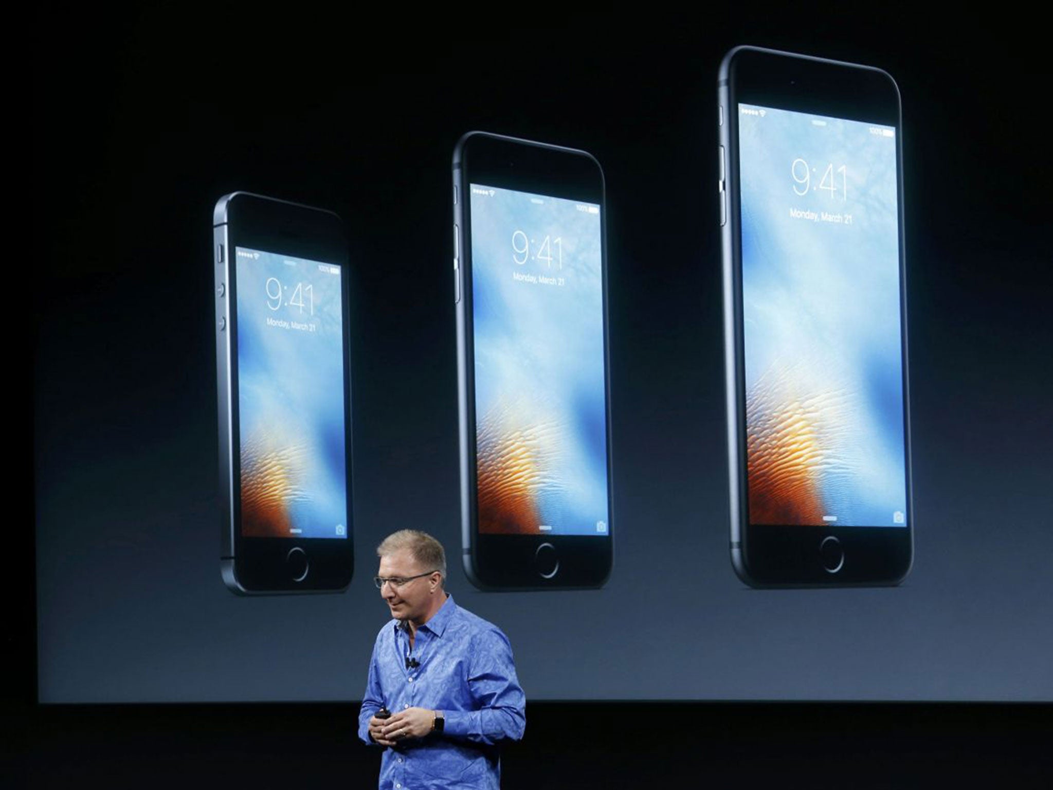Apple Vice President Greg Joswiak introduces the iPhone SE at the Apple headquarters in Cupertino, California