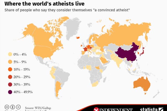 The countries in the world with the most "convinced atheists." Countries in grey were not surveyed.