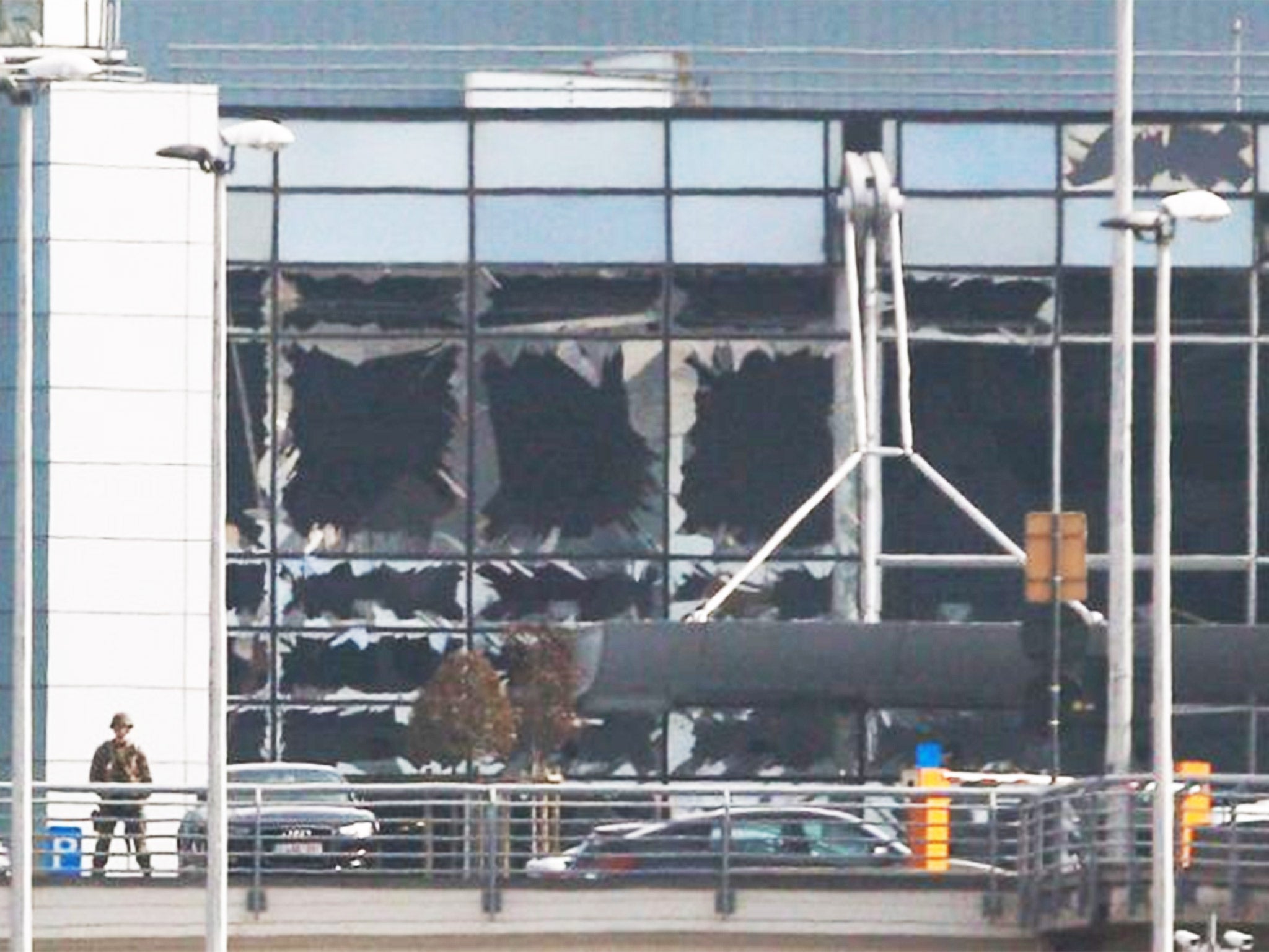 Destroyed windows at the terminal building following the terrorist attack at Brussels Airport in Zaventem