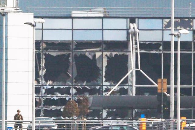 Destroyed windows at the terminal building following the terrorist attack at Brussels Airport in Zaventem