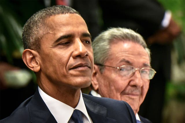 US President Barack Obama with his Cuban counterpart, Raul Castro, during a state dinner at the Revolution Palace in Havana