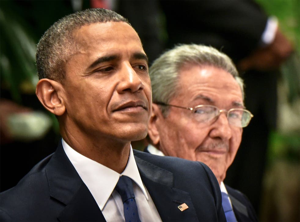 US President Barack Obama with his Cuban counterpart, Raul Castro, during a state dinner at the Revolution Palace in Havana