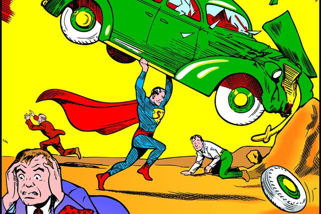 Superman appearing on the cover of Action Comics No. 1 in April 1938