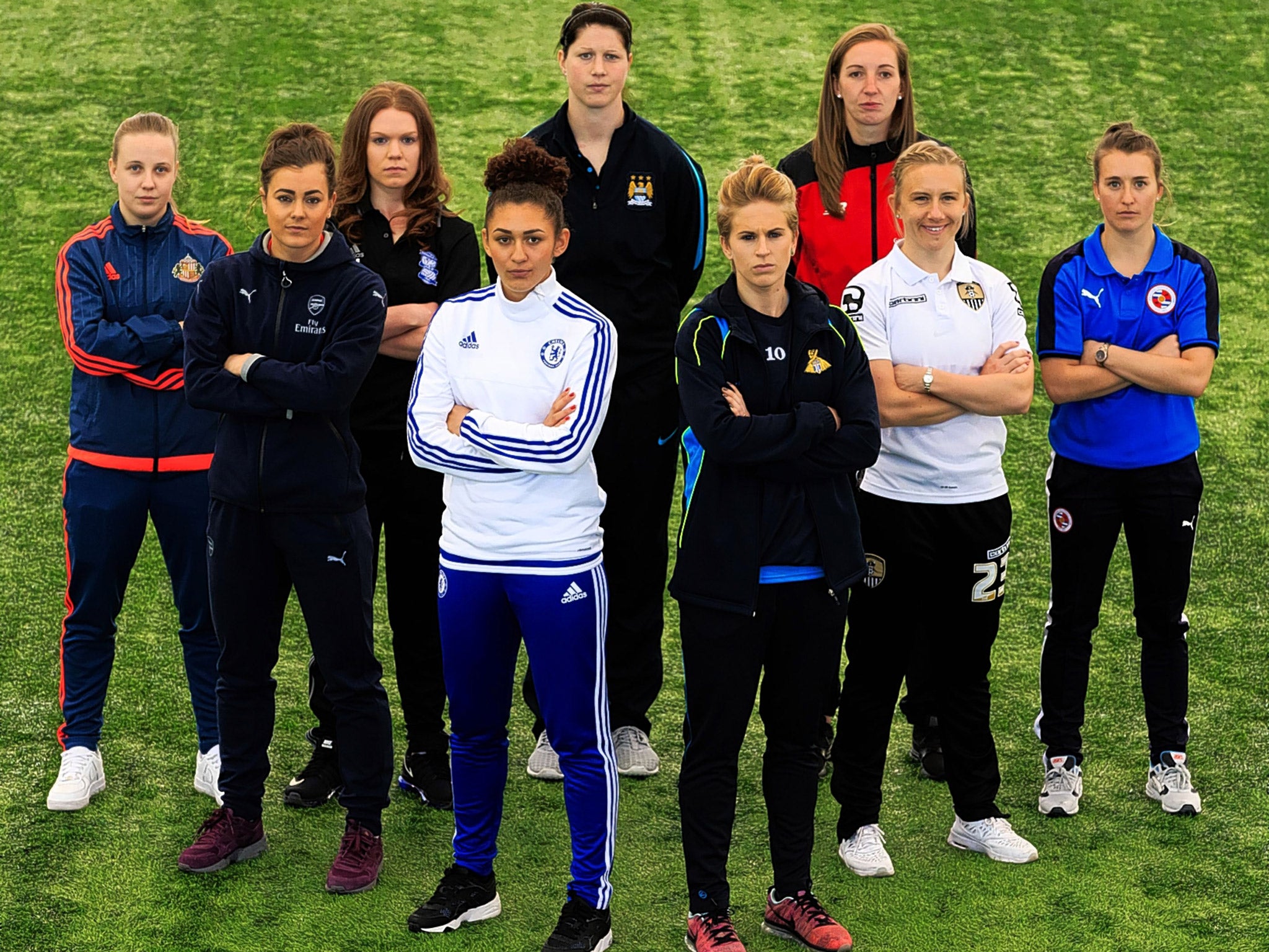 Beth Mead (Sunderland), Jemma Rose (Arsenal), Aoife Mannion (Birmingham City), Jade Bailey (Chelsea), Marie Hourihan (Manchester City), Natasha Dowie (Doncaster Rovers Belles), Siobhan Chamberlain (Liverpool), Laura Bassett (Notts County) and Amber Stobbs (Reading) at St George’s Park for the launch of the WSL