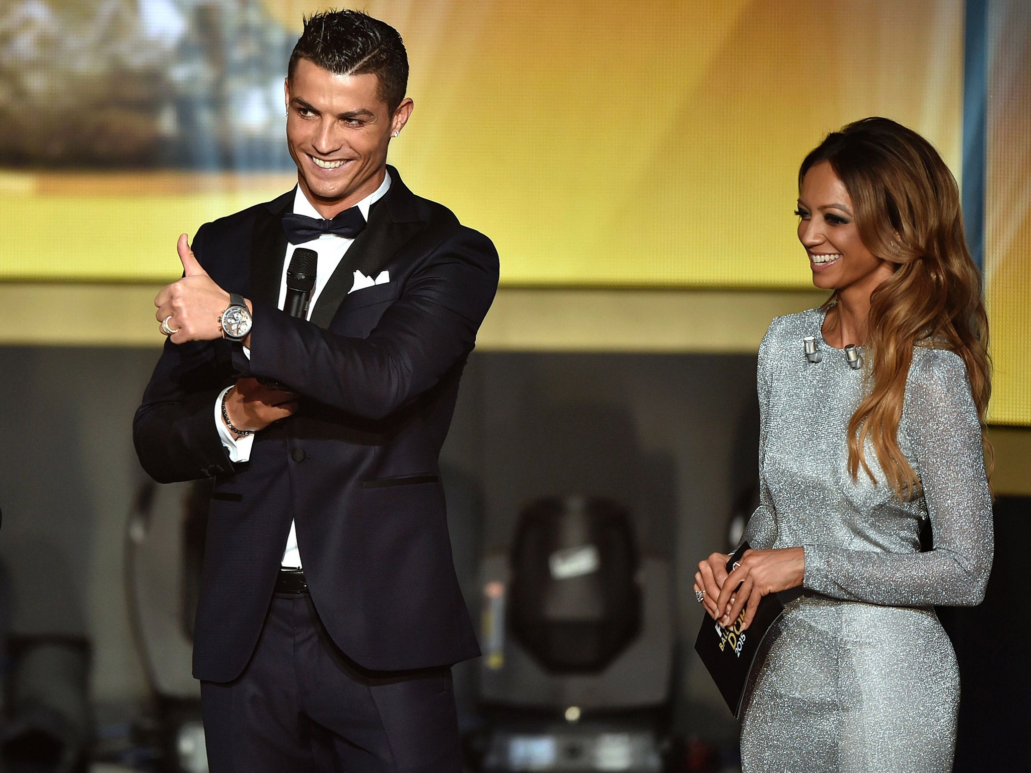 Cristiano Ronaldo stands alongside Kate Abdo at the Fifa Ballon d'Or Gala